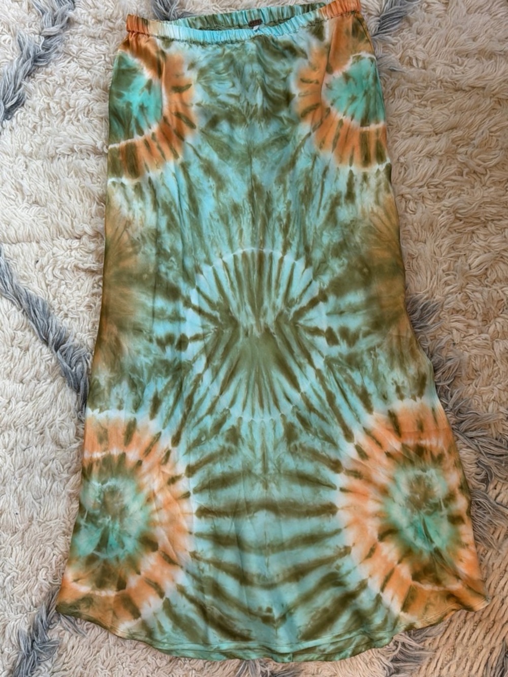 WORN ONCE…Tie-Dye Maxi Skirt in Aqua and Olive with Orange Accents